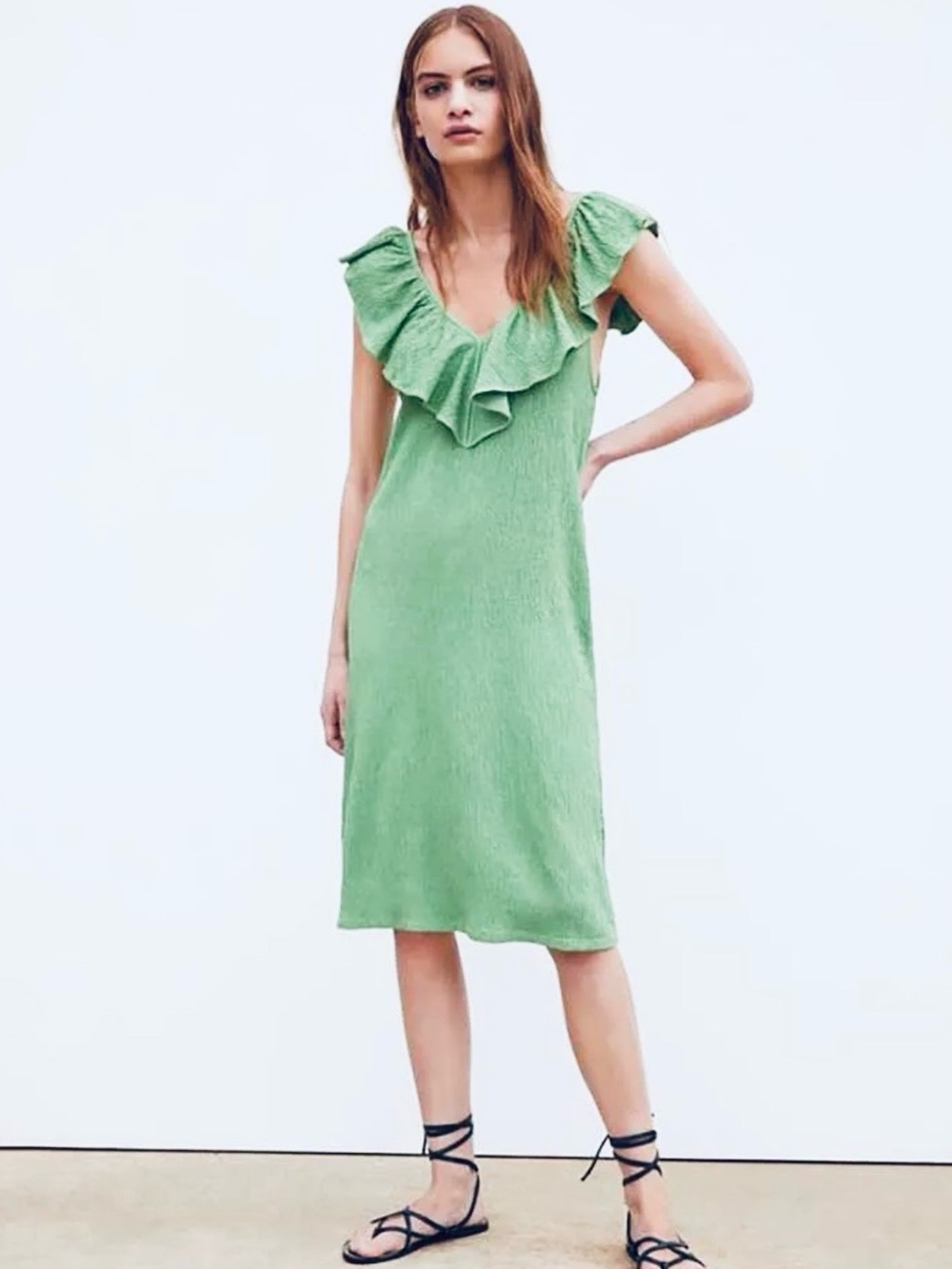 Zara Ruffle V-Neck Midi Dress - NWOT